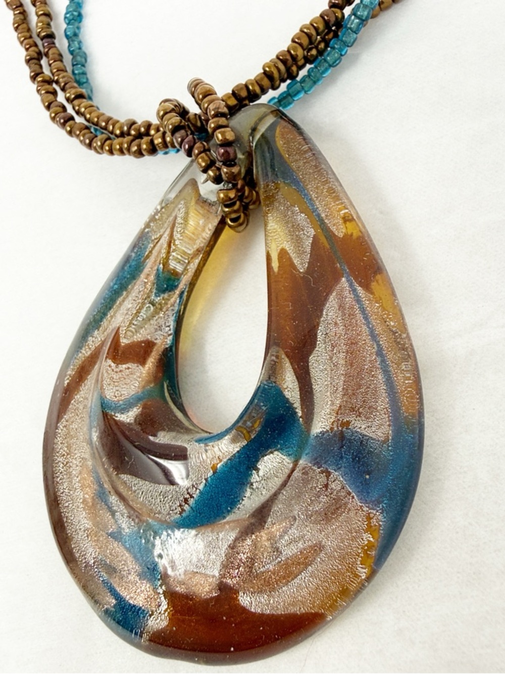 Boho Glass Pendant Necklace Beaded Multi Strand Artisan Style mixed earth tones